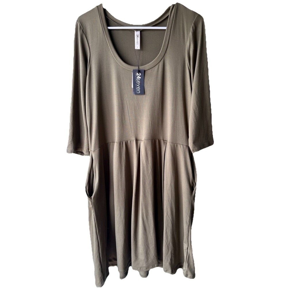 24seven Comfort Apparel Green  Long Sleeve Pleated A-Line Dress Crew Neck 1X
